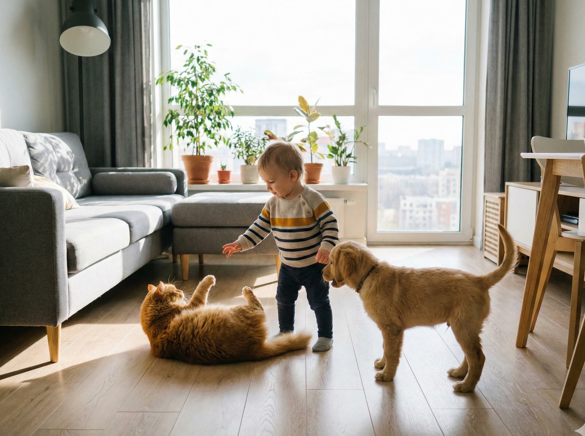 Ребёнок играет с питомцами на чистом полу