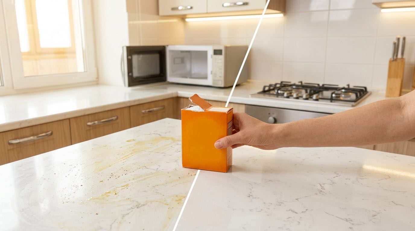 Clean modern kitchen with sparkling microwave, shiny stove top, and organized countertops showing before and after cleaning effect