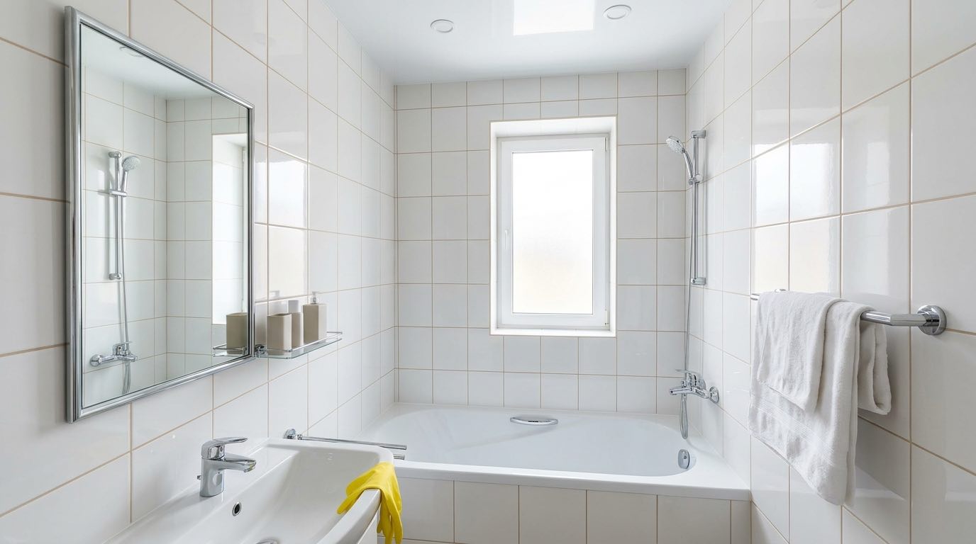 Sparkling clean bathroom with chrome fixtures gleaming, white tiles without any stains, organized toiletries on shelf
