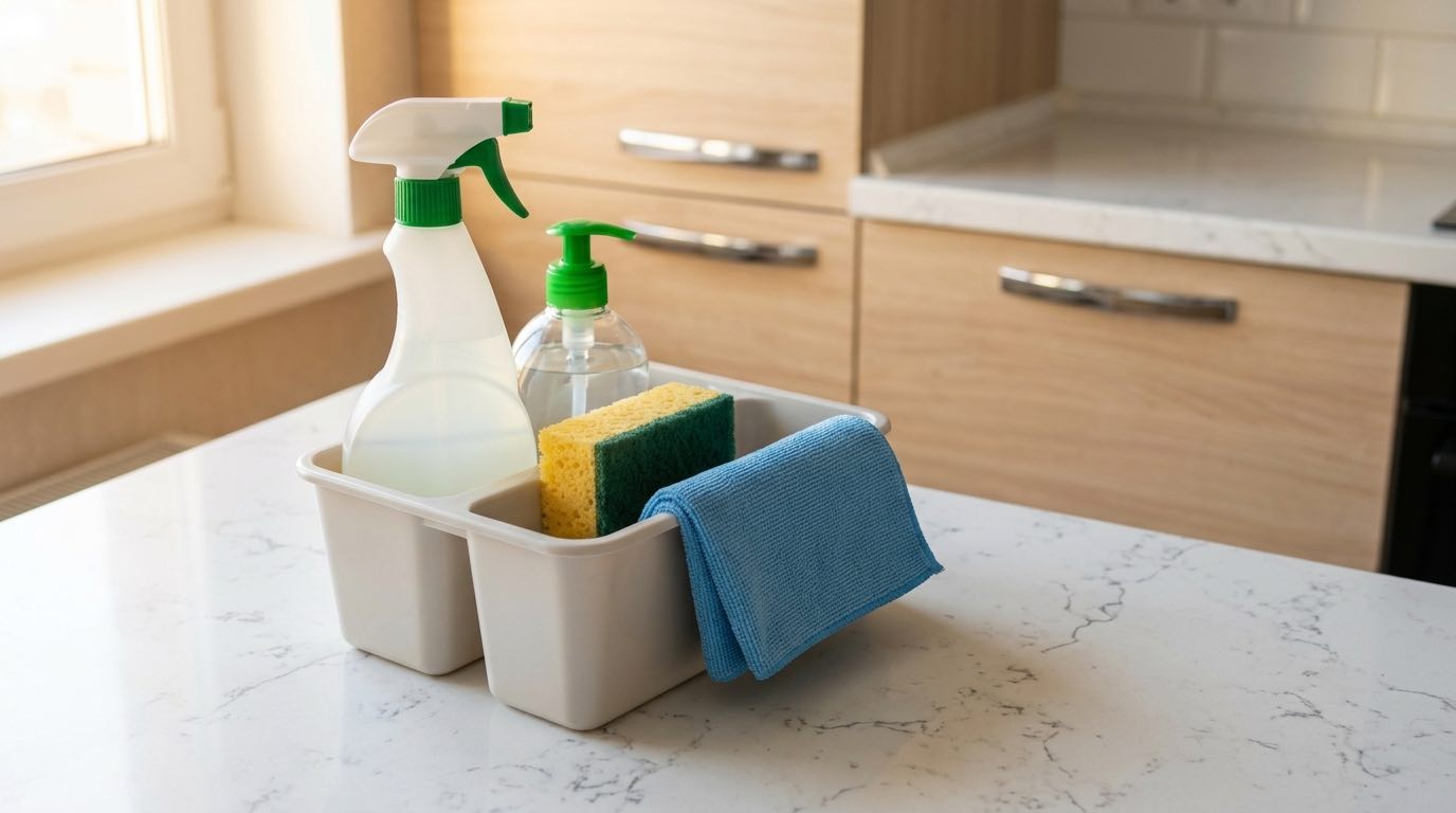 Organized cleaning caddy with spray bottles, microfiber cloths, and sponges, placed under a kitchen sink, everything neatly arranged