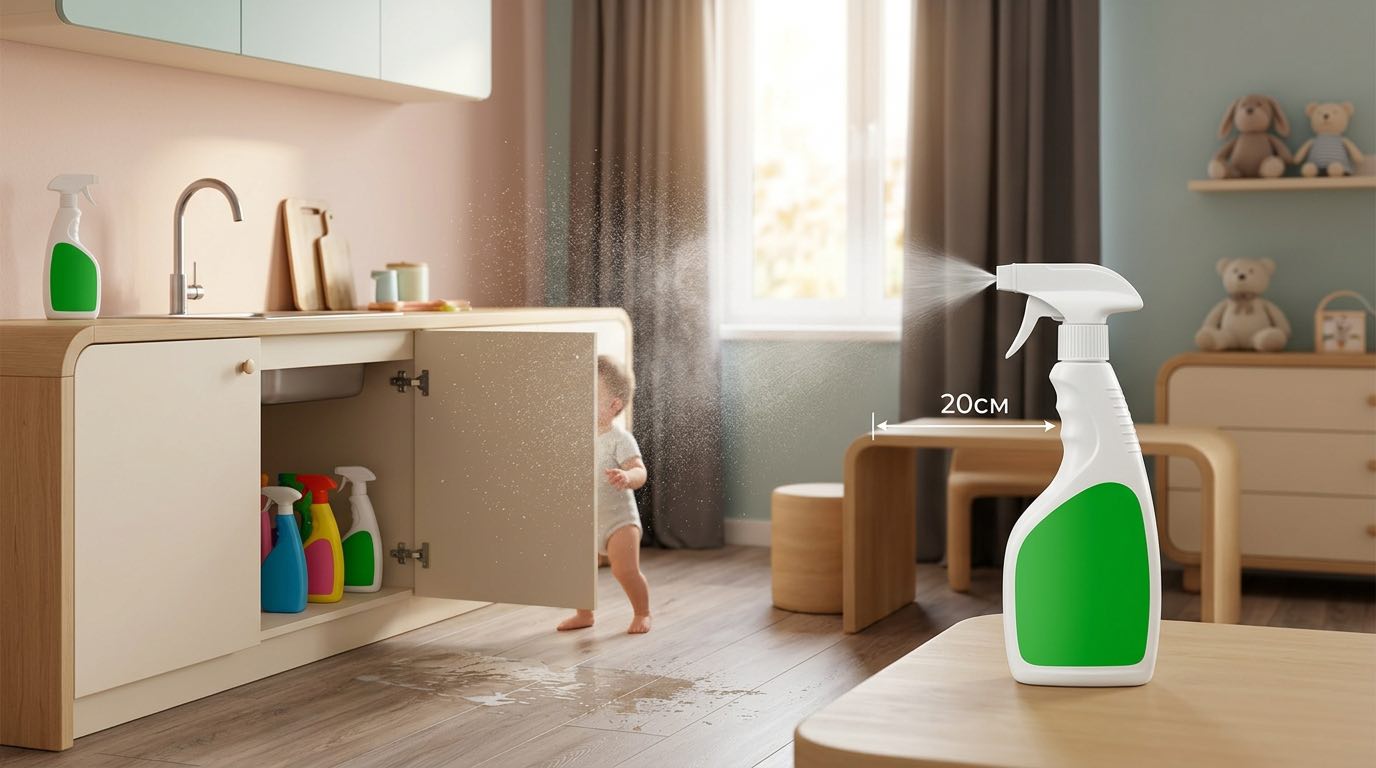 Child safety infographic showing common household chemical hazards for children: floor residue, accessible bottles under sink, spray particles in air