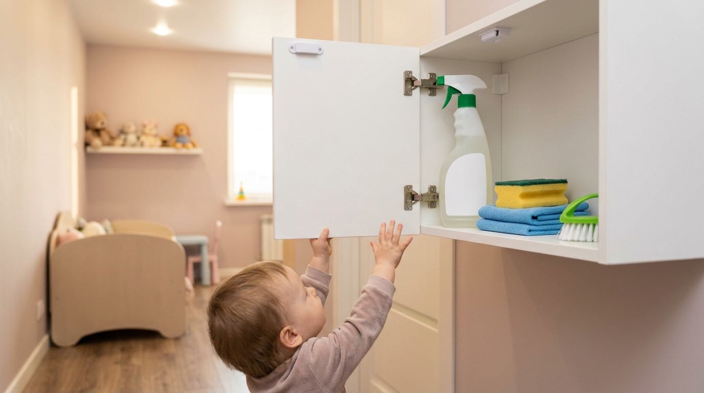 Organized high cabinet with child-proof lock containing cleaning products, out of reach of toddler standing below reaching up, safety concept