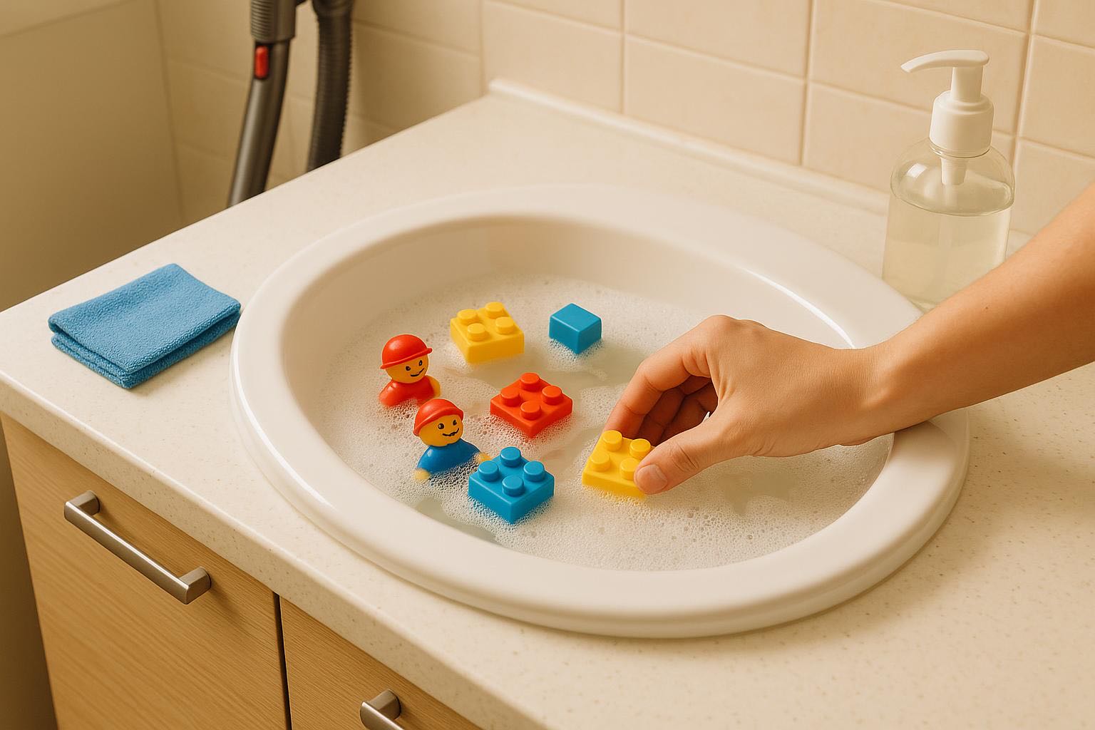 Parent washing colorful baby toys in sink with natural soap solution, clean microfiber cloth nearby, bright safe kitchen environment