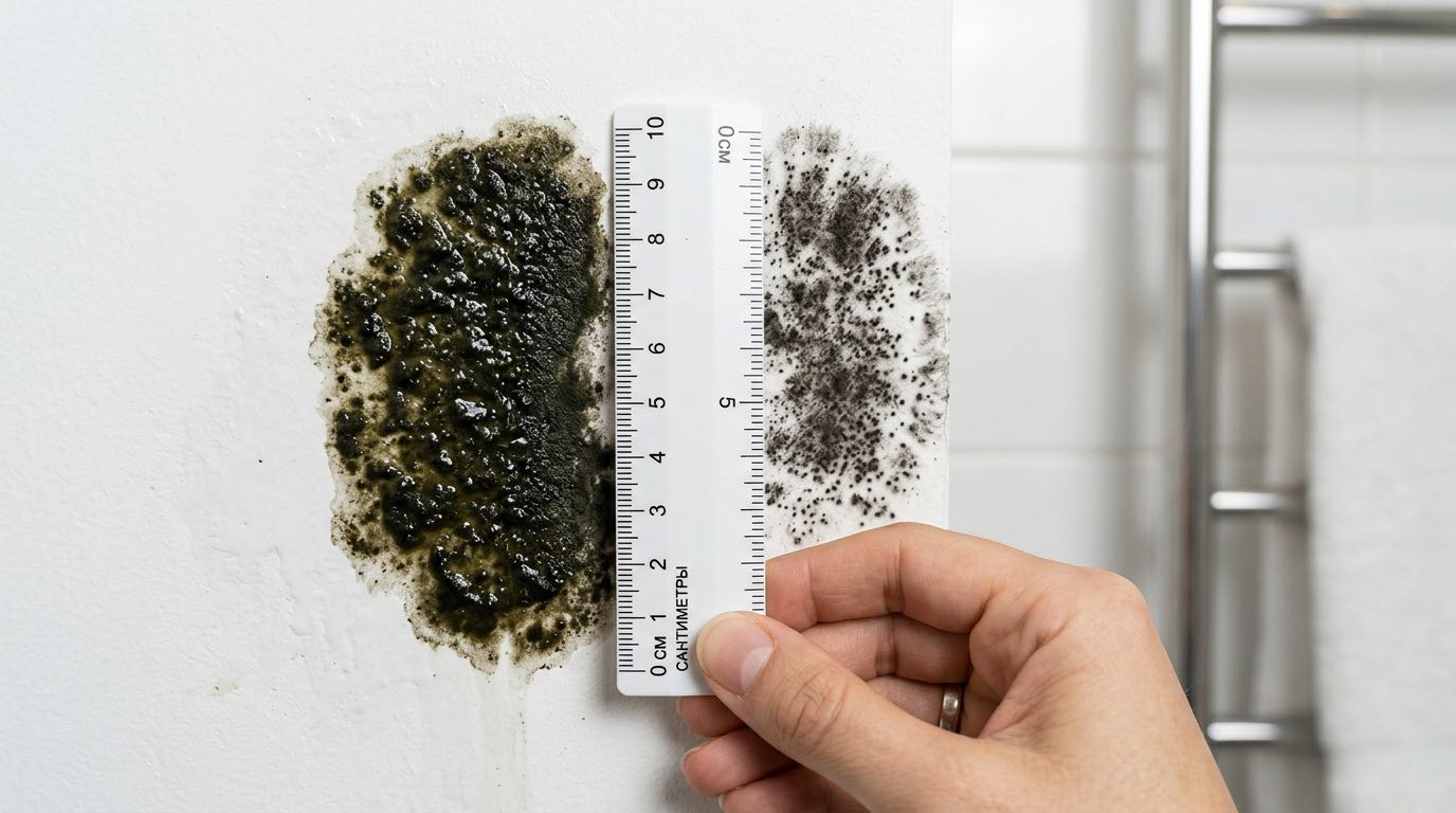 Close-up comparison of black mold types on wall - slimy Stachybotrys vs powdery Aspergillus niger, educational visual with labels