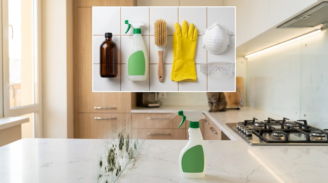 Professional antifungal products for black mold treatment - industrial antiseptic bottles, spray equipment, protective gear, application process