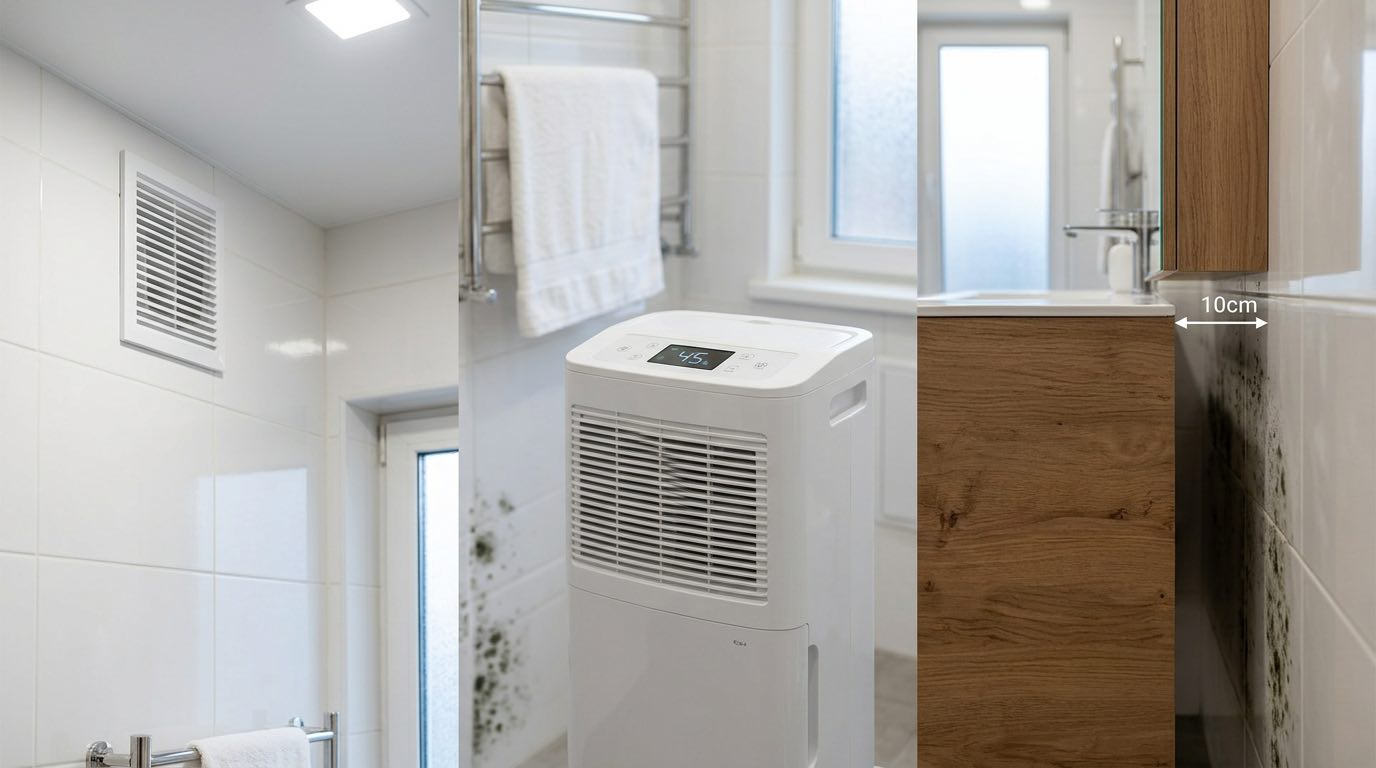 Mold prevention measures - ventilation grille installation, dehumidifier in room, gap between furniture and wall, window ventilation valve close-up