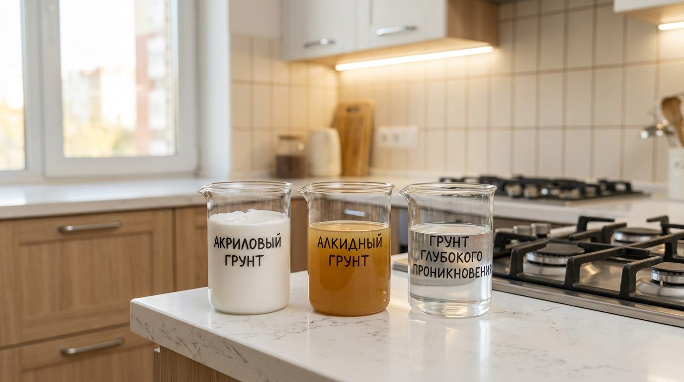 Three glass beakers with different types of primer (acrylic white, alkyd yellow-brown, deep penetration transparent) with labels, chemistry lab style