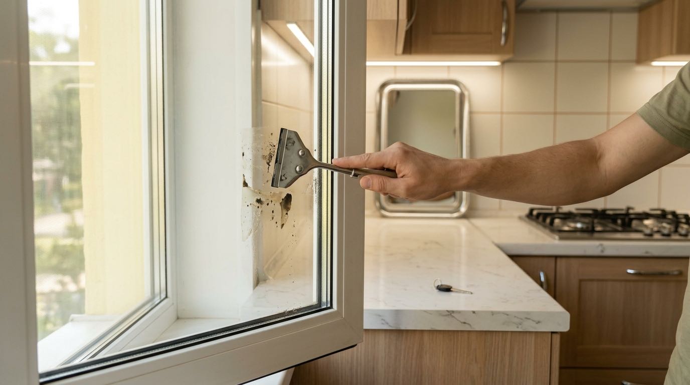 Person carefully removing dried primer spots from large window glass using professional scraper, half-clean window, natural daylight
