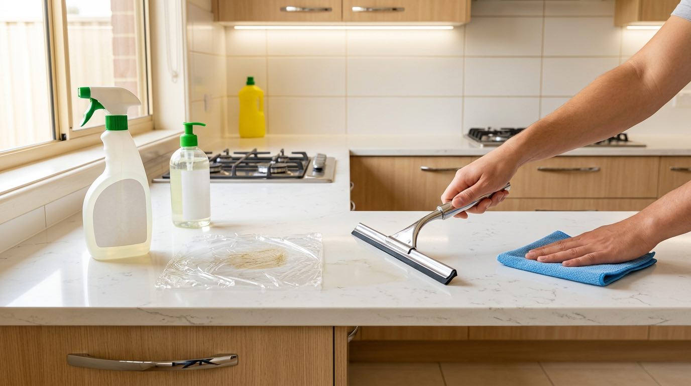 Step-by-step flat lay showing primer removal process: spray bottle, plastic wrap covering stain, scraper lifting softened primer, clean cloth wiping surface