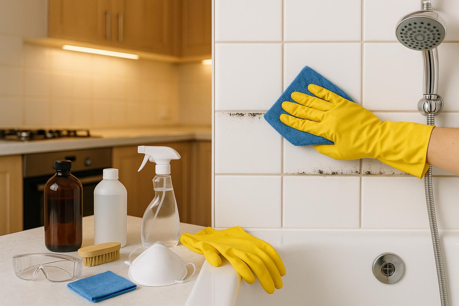 Bathroom wall showing tile grout treatment process against mold: application of anti-mold solution with brush, protective gloves, well-ventilated room