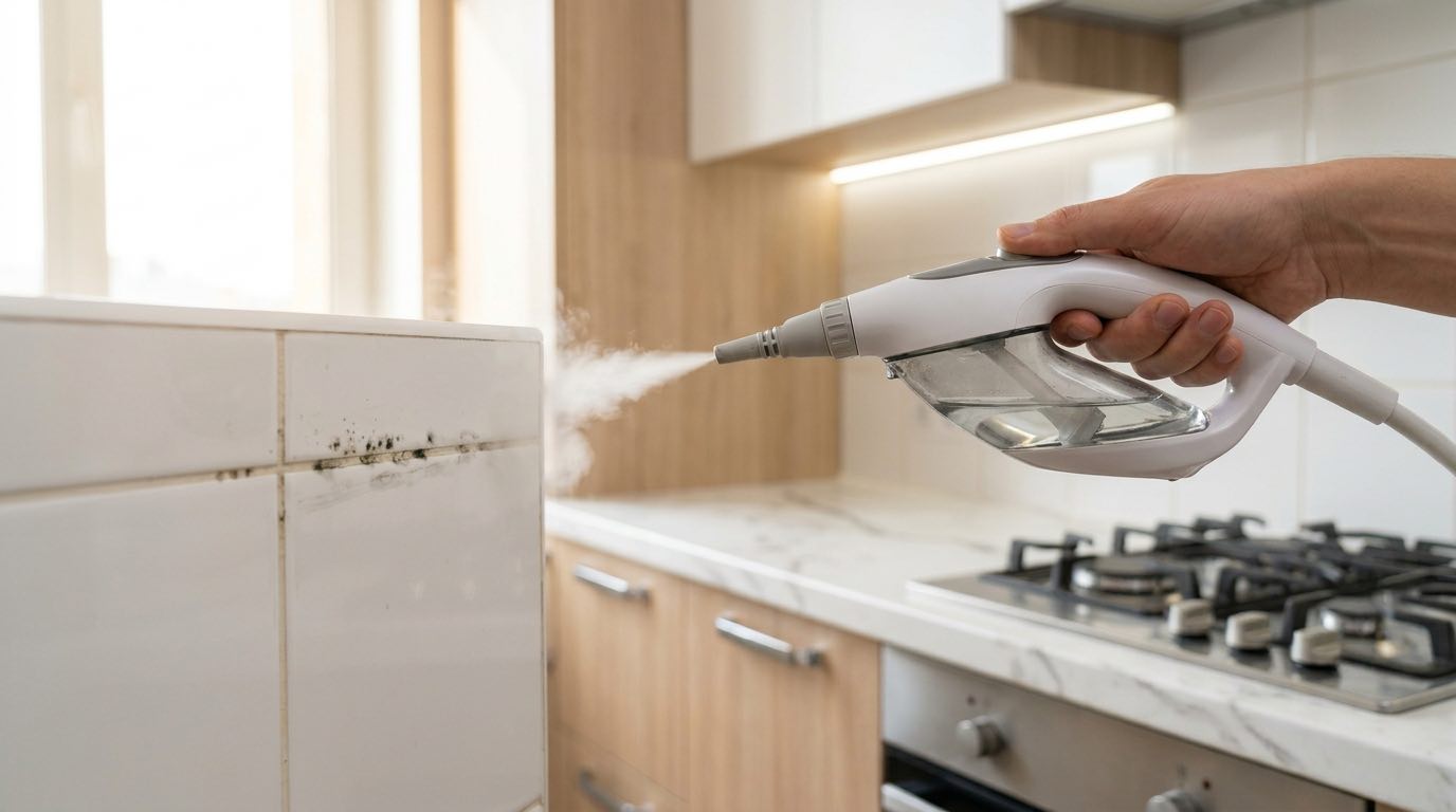 Person using handheld steam cleaner on bathroom tile grout, visible steam coming from nozzle, close-up of clean grout line behind the tool