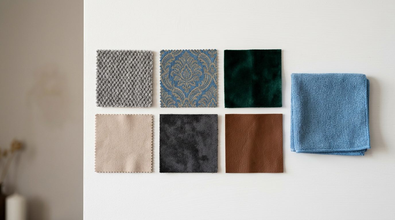 Flat lay of different upholstery fabric swatches labeled: chenille, jacquard, velour, microfiber, flock, leather, showing texture differences