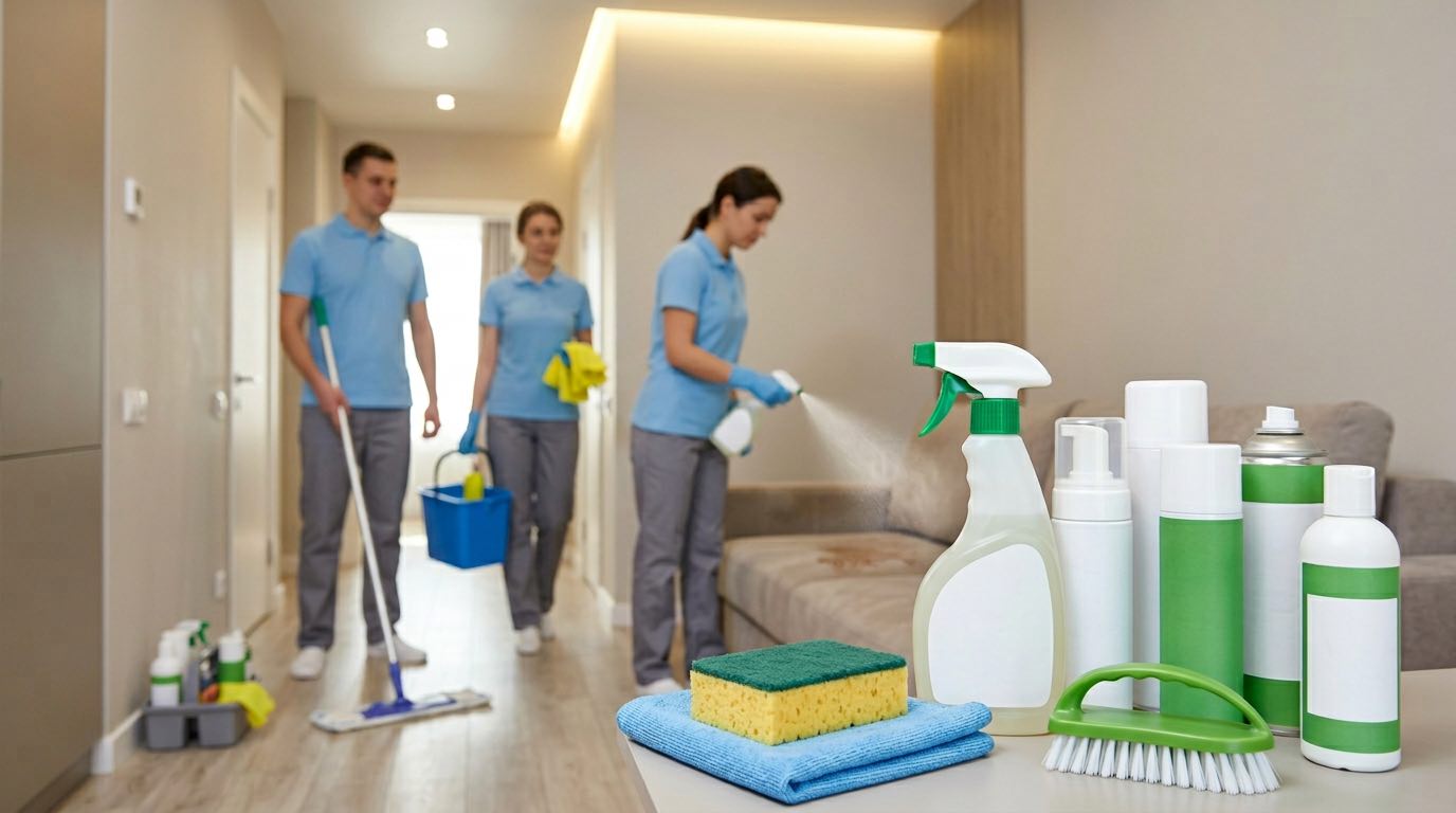 Collection of professional upholstery cleaning products arranged neatly: foam cleaners, enzyme sprays, fabric shampoo, stain removers, microfiber cloths
