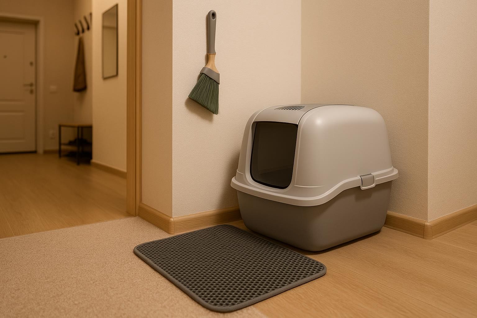 Well-organized cat litter station with covered litter box, trapping mat in front, small broom nearby, clean and odor-free setup in a tidy corner