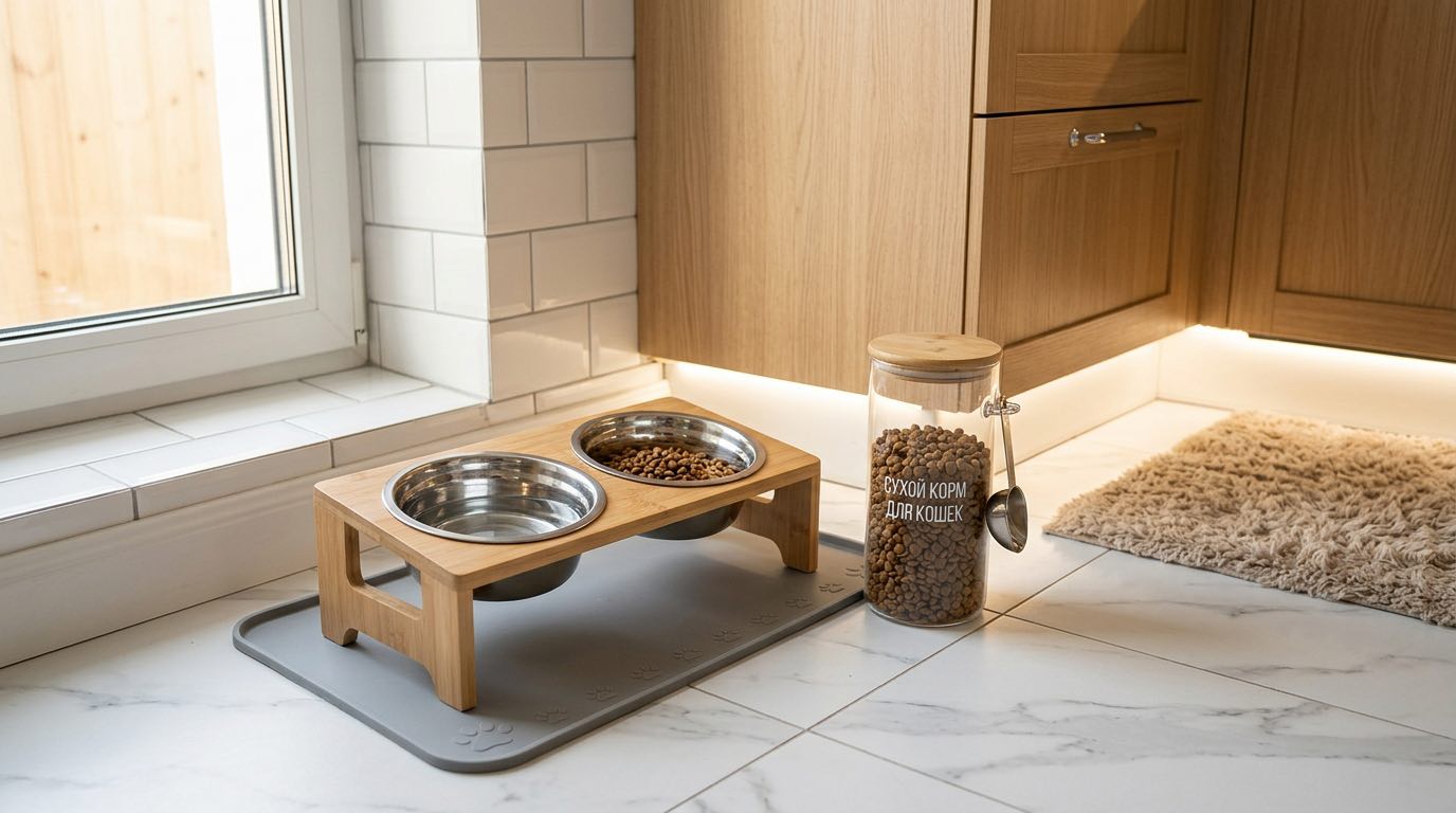 Clean cat feeding station with elevated food and water bowls on silicone mat, dry food in sealed container, tidy kitchen corner