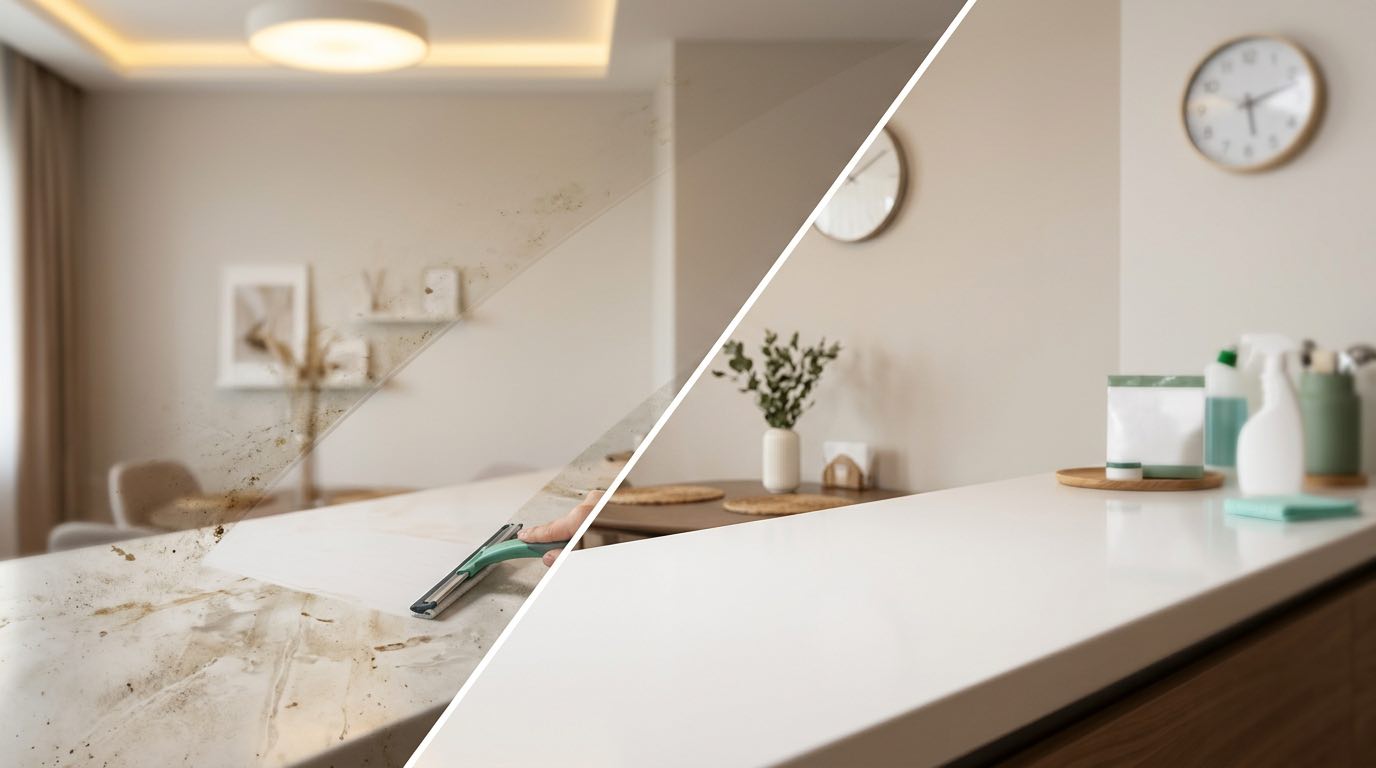 Time-lapse style image of apartment transformation, before dirty and cluttered, after sparkling clean, clock showing passage of time