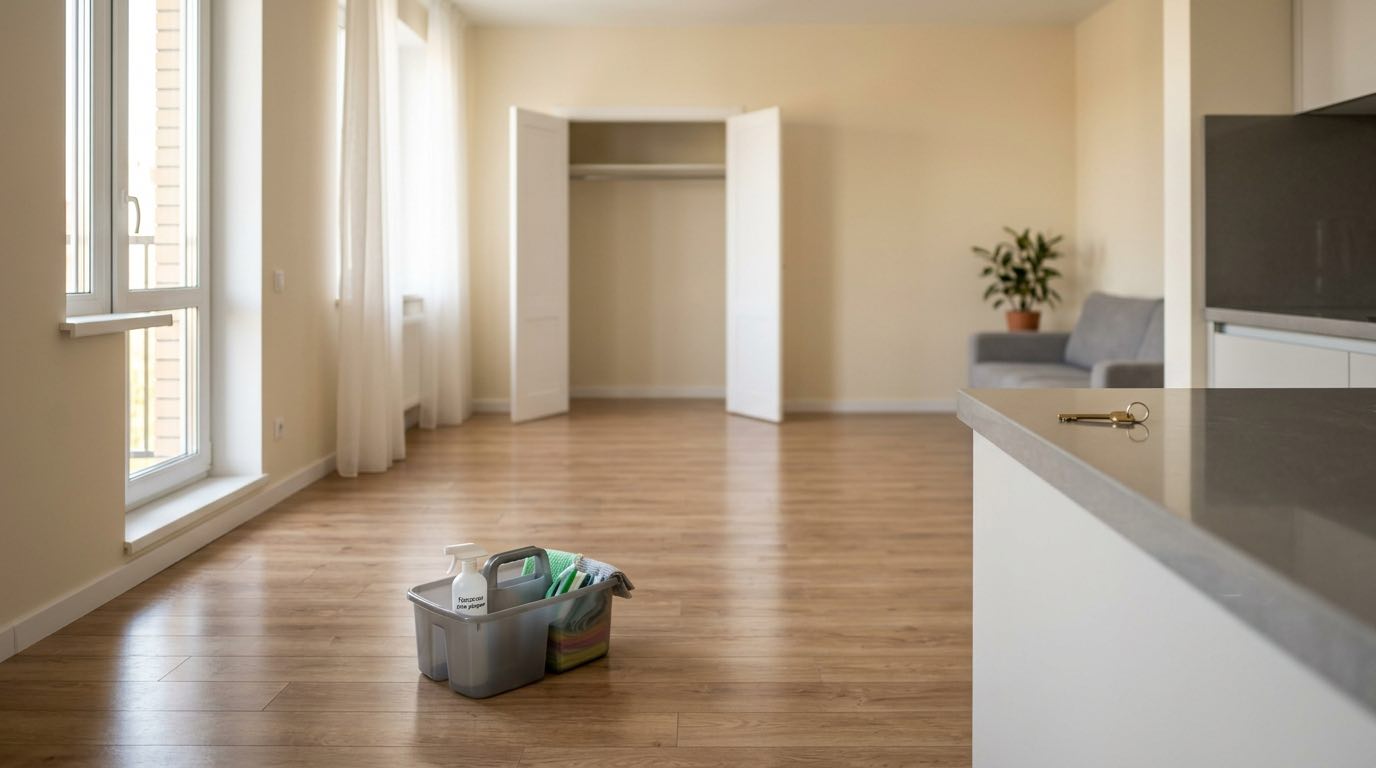 Homeowner preparing apartment for cleaning team arrival, removing personal items from shelves, securing valuables, bright living room