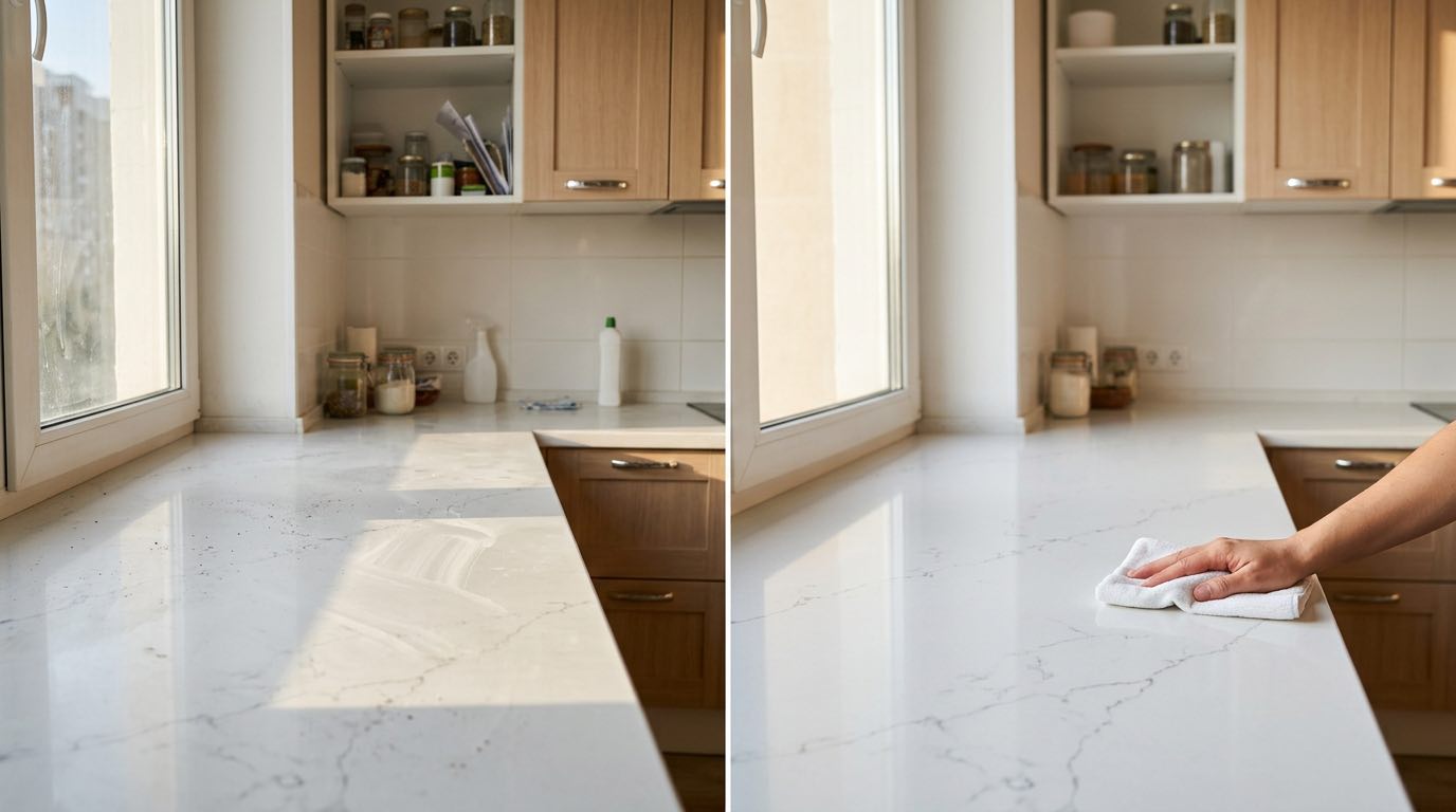 Side by side comparison of a room before regular cleaning (moderately tidy) vs before deep cleaning (dusty corners, cluttered shelves, dirty windows), realistic photography