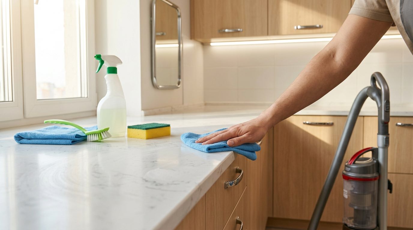 Professional cleaner wiping inside kitchen cabinets with microfiber cloth, organized cleaning supplies on counter, bright modern kitchen