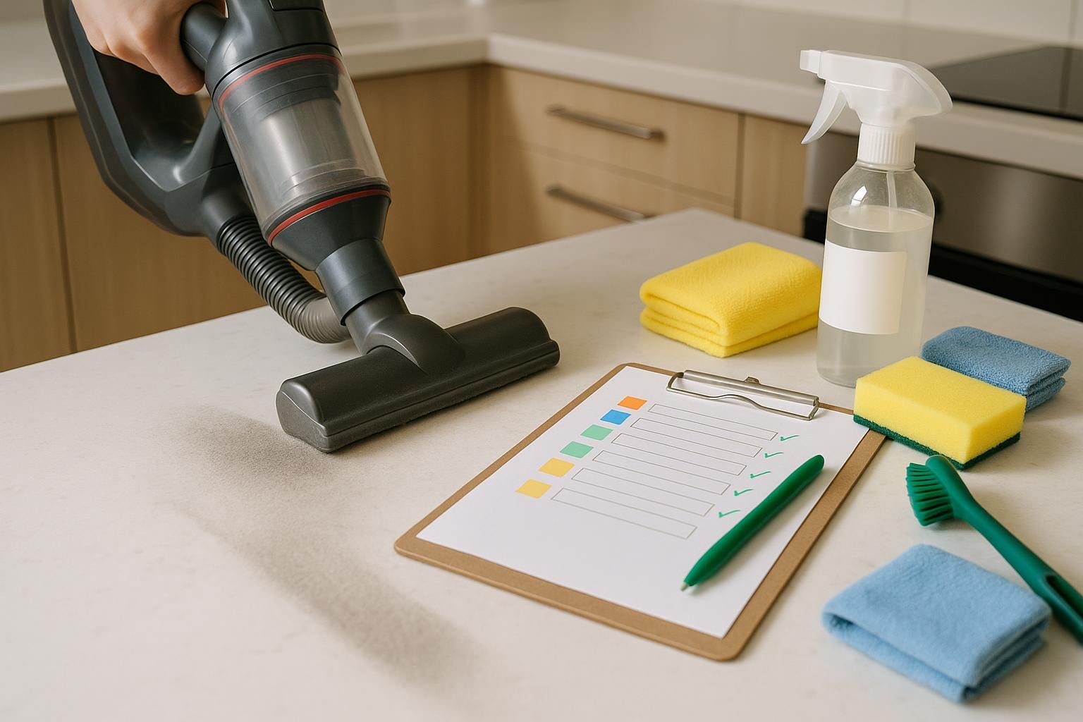 Printed checklist on clipboard lying on clean kitchen counter, some items checked off with green pen, cleaning supplies in soft focus background