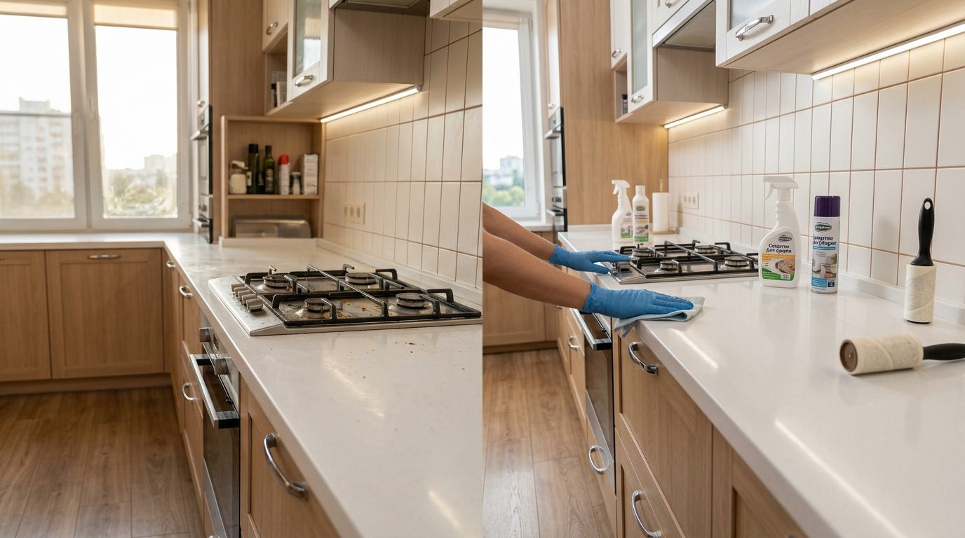 Side by side comparison of amateur vs professional cleaning results, bathroom tiles showing dramatic difference in cleanliness, split view