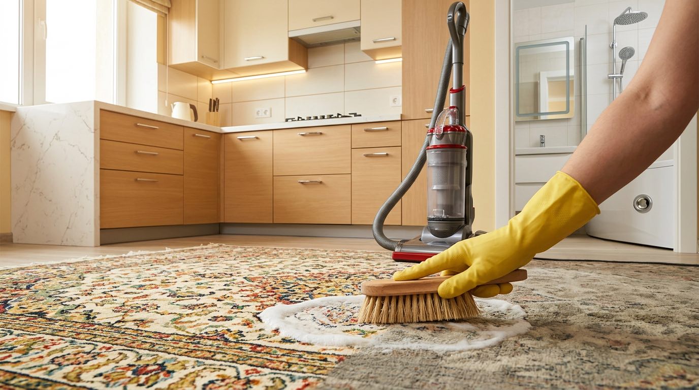 Clean organized modern apartment living room, freshly vacuumed carpets, dust-free shelves, polished surfaces, natural daylight