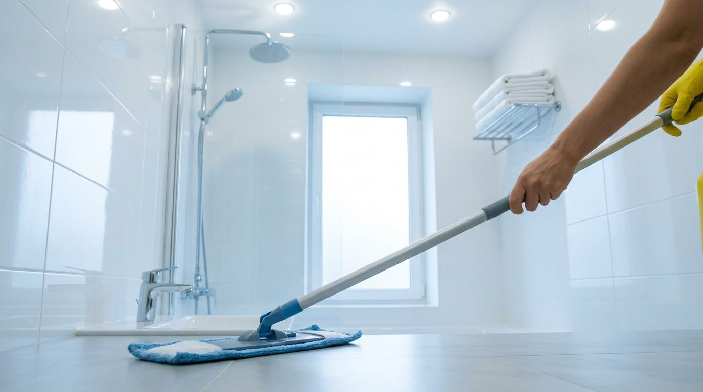 Systematic apartment disinfection process - wiping door handles, cleaning light switches, sanitizing bathroom fixtures, mopping floors with disinfectant