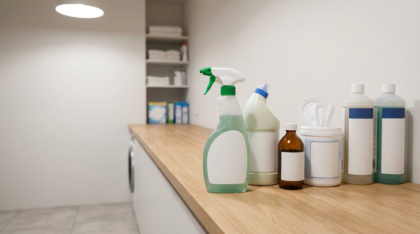 Disinfection products lineup - bleach solution, hydrogen peroxide, alcohol wipes, professional disinfectant concentrates, spray bottles, organized display