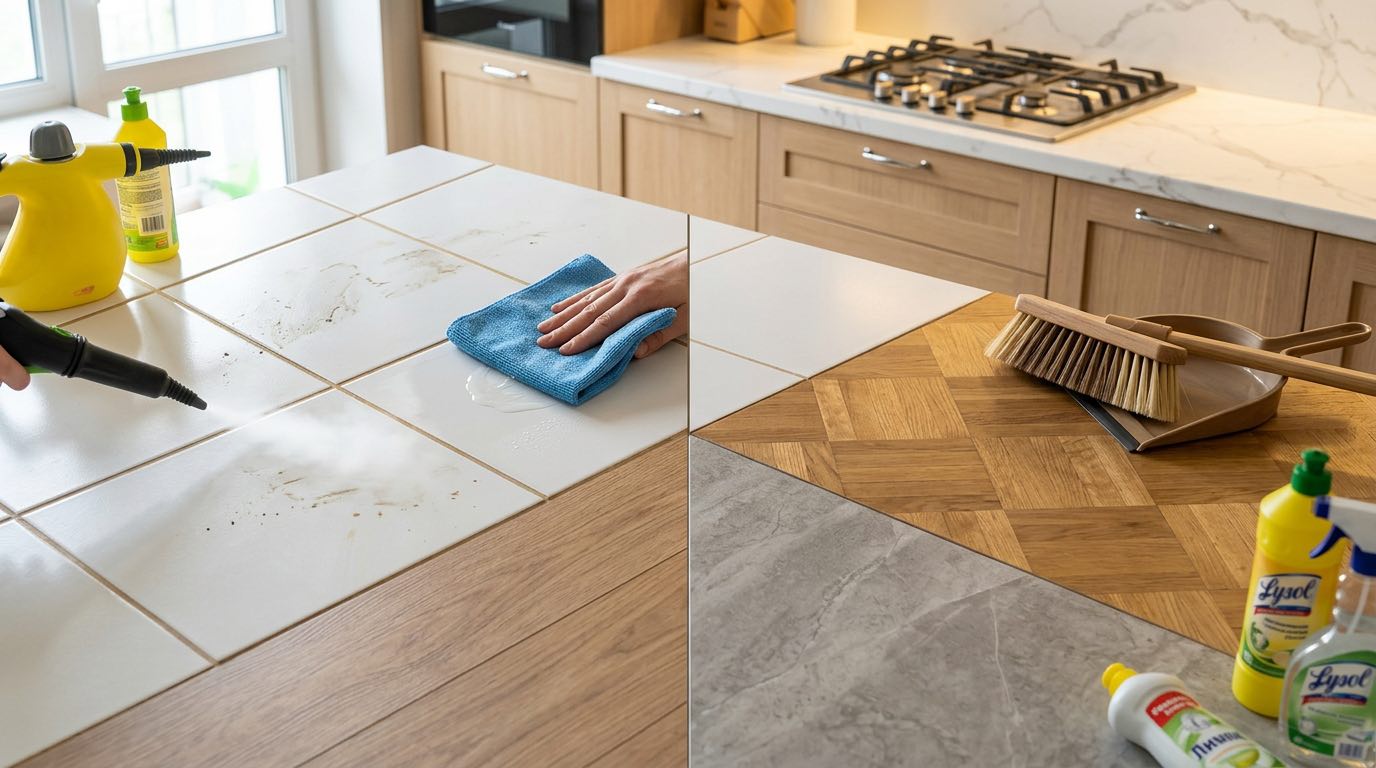 Four types of flooring arranged in quadrants - ceramic tile, laminate, hardwood parquet, and linoleum - each with appropriate cleaning tools nearby