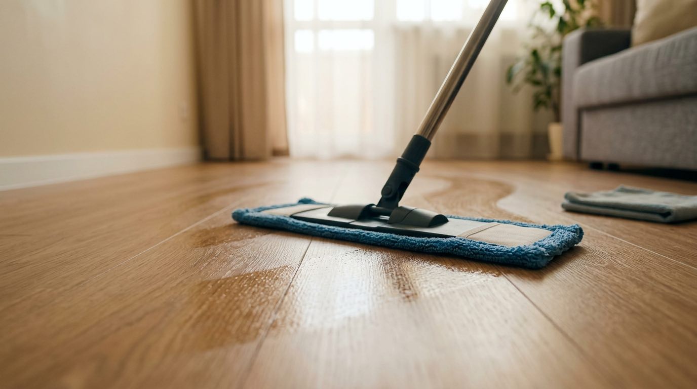 Close-up of laminate floor being cleaned with slightly damp microfiber mop, showing proper wringing technique, clean bright room