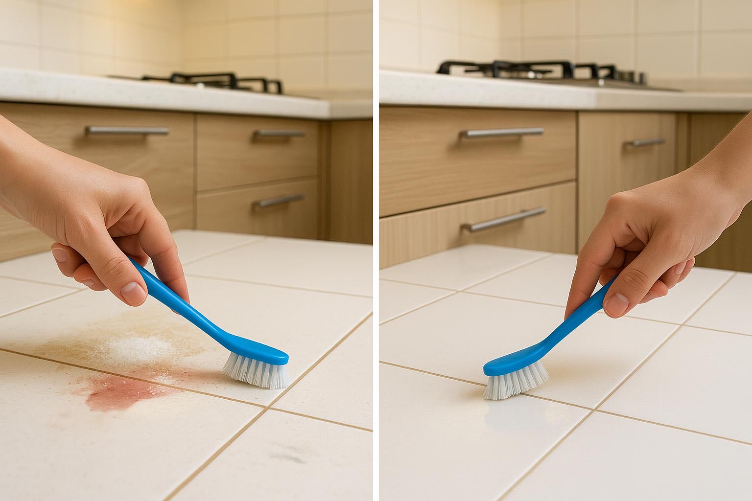 Before and after cleaning floor stains using natural methods: wine stain removal with salt, shoe marks removal with eraser, grease removal with starch