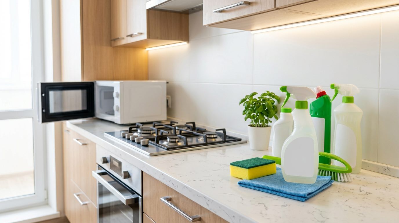 Synergetic cleaning products lineup on clean kitchen counter, various bottles showing gel for dishes, floor cleaner, bathroom spray, bright and modern setting