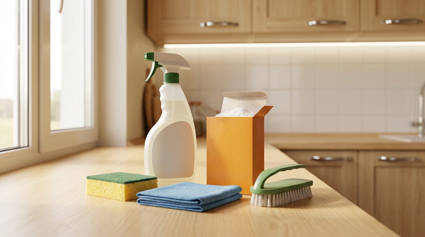 Frosch cleaning products displayed with their distinctive frog logo, green bottles on natural wood surface, German eco-certification marks visible