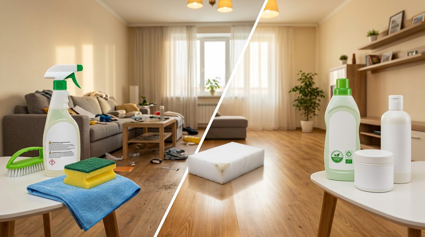 Comparison split image showing conventional cleaning products with warning labels on the left and eco-friendly natural products with green certifications on the right