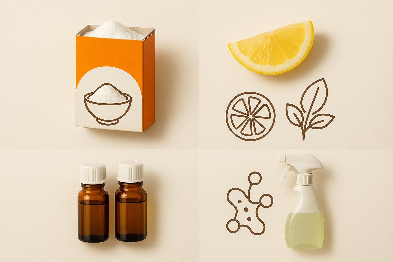Infographic showing safe natural cleaning ingredients with icons: baking soda, citric acid, essential oils, plant-based surfactants, enzymes