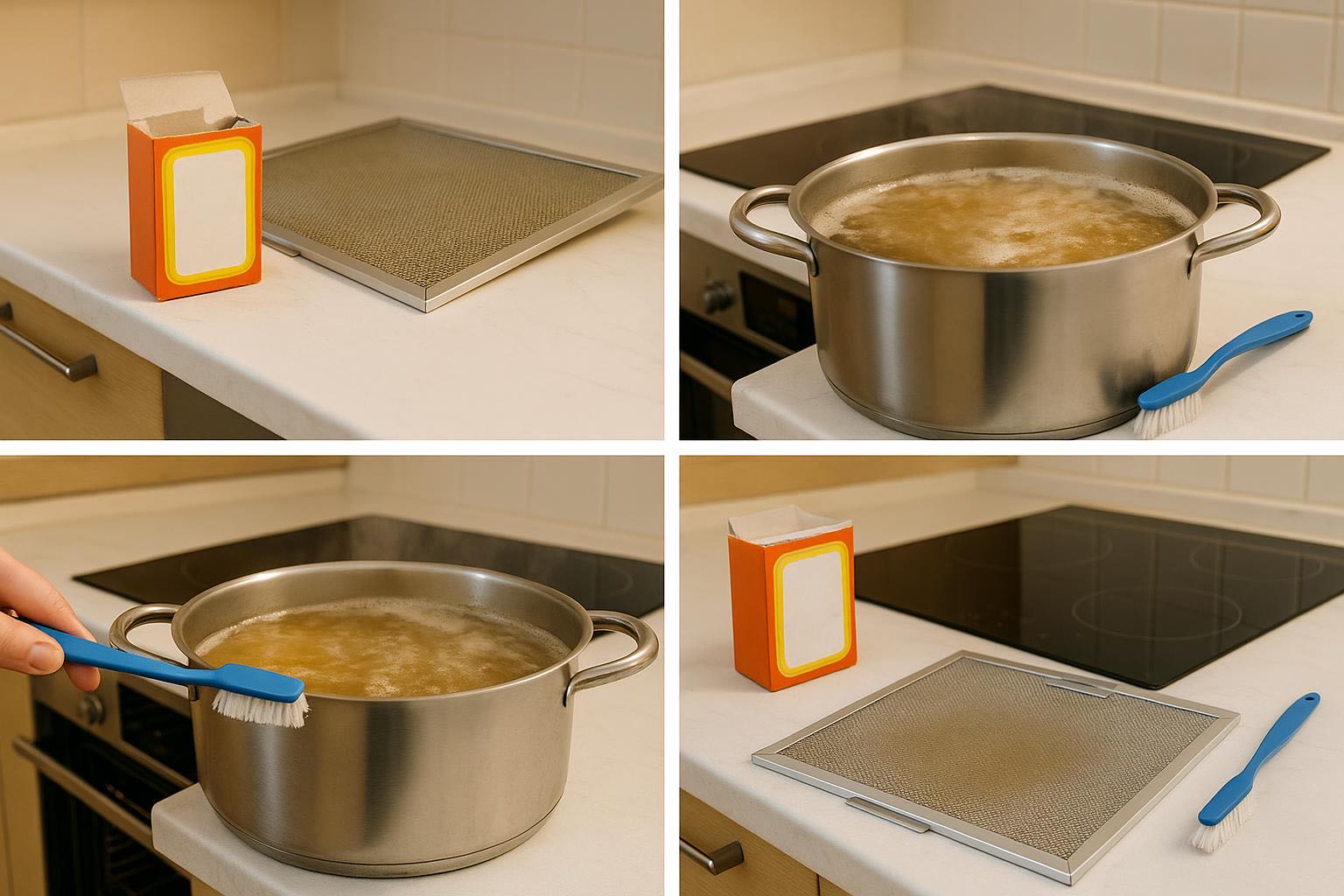 Step-by-step process of boiling kitchen hood filter in baking soda solution, showing grease dissolving in water, dramatic transformation