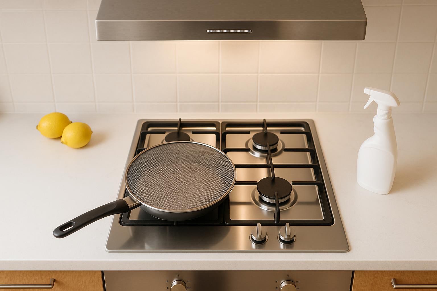 Clean organized kitchen with protective measures visible: splatter screen on pan, range hood running, clean stovetop, anti-grease filters