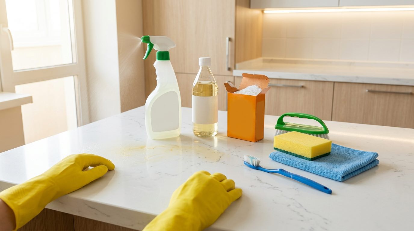 Flat lay of kitchen cleaning supplies organized on marble counter: degreaser spray, microfiber cloths, sponges, rubber gloves, baking soda, vinegar bottle