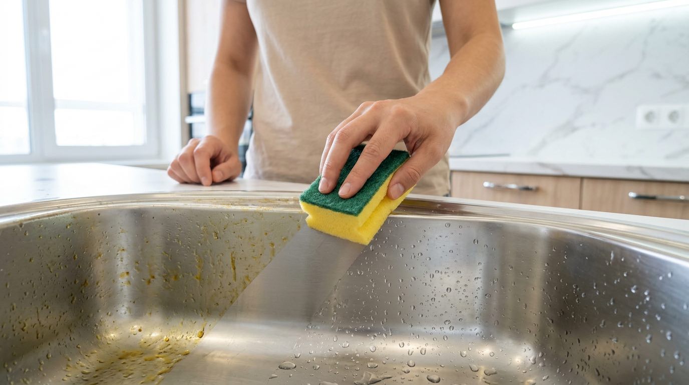 Close-up of hands cleaning stainless steel kitchen sink with sponge, water drops sparkling, before and after effect visible, bright lighting