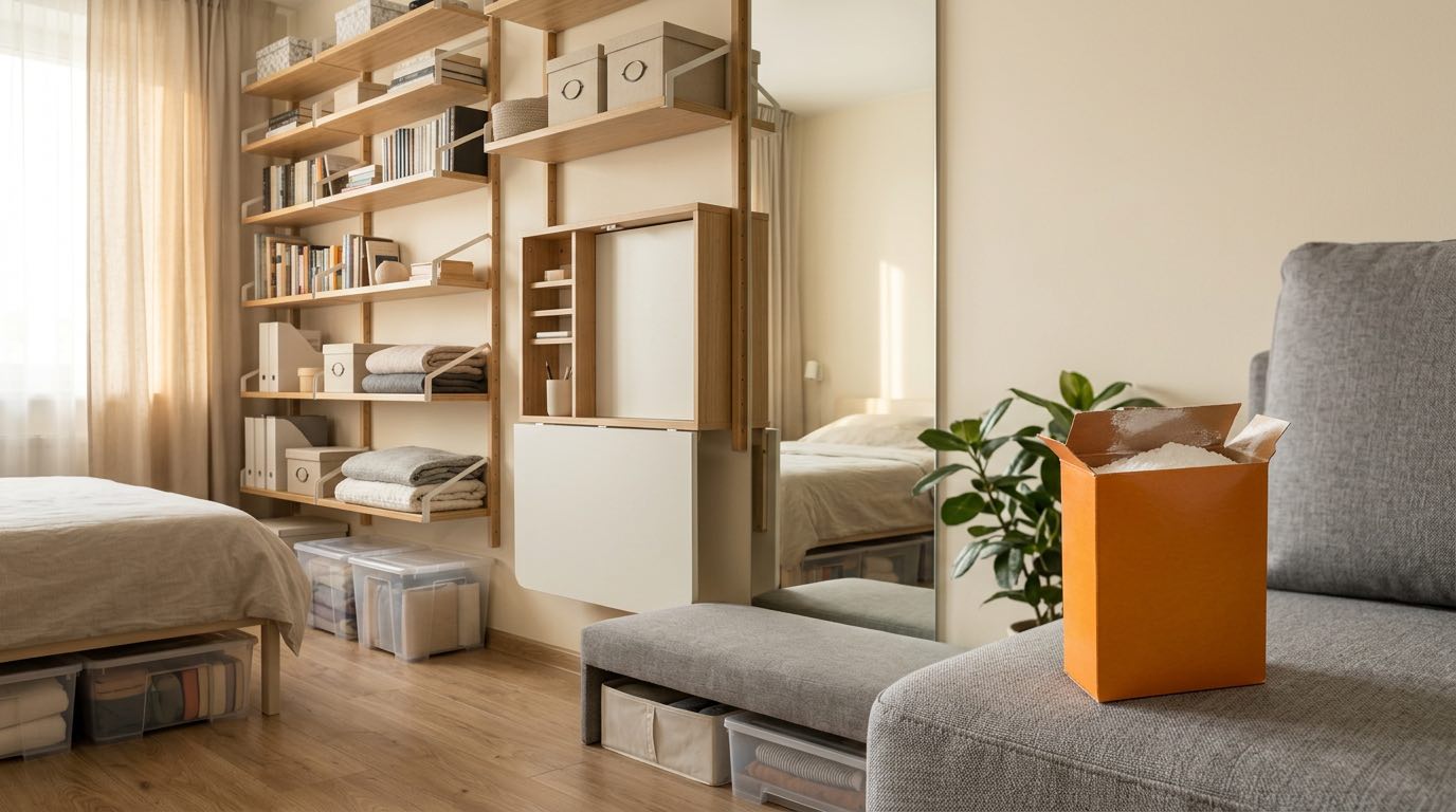 Small apartment organized with smart storage solutions: wall-mounted shelves, under-bed storage boxes, multi-functional furniture, everything clean and tidy