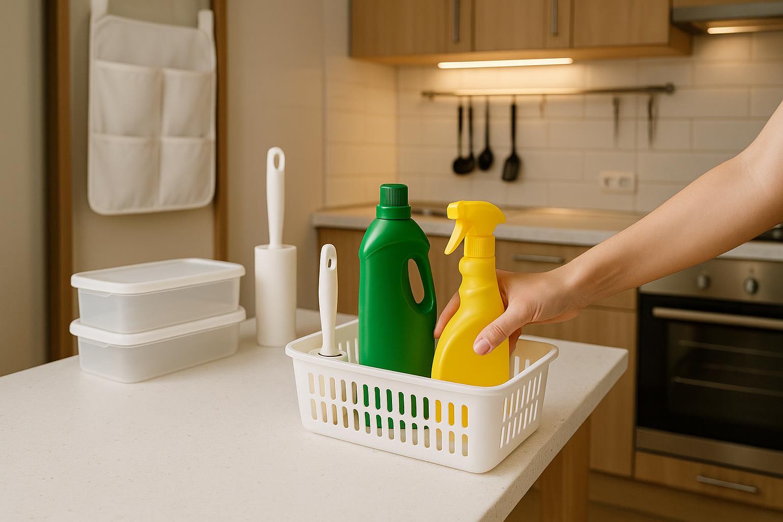 Clever storage solutions in small apartment: over-door organizer, labeled containers, wall-mounted magnetic strip in kitchen, tidy and efficient use of space