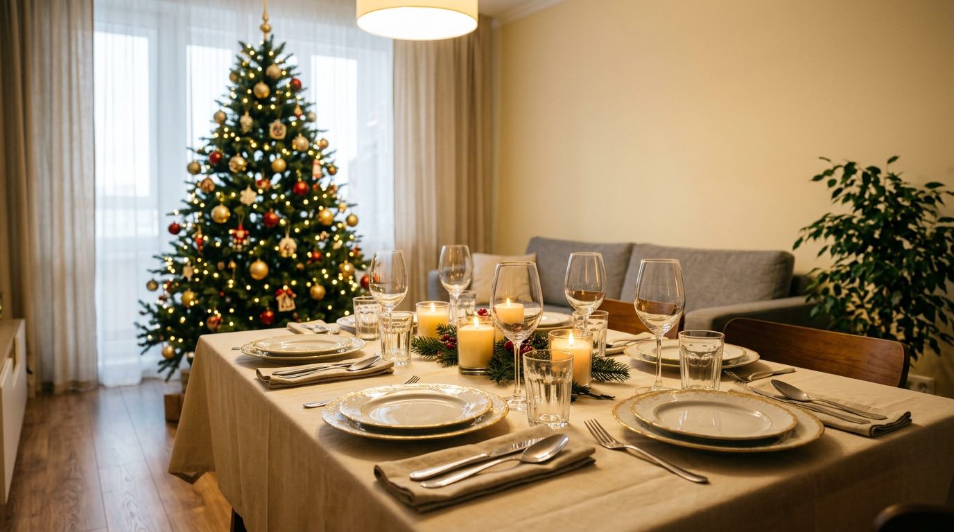 Beautifully set New Year dinner table in a sparkling clean dining room, crystal glasses, candles, view of decorated Christmas tree, warm ambient lighting