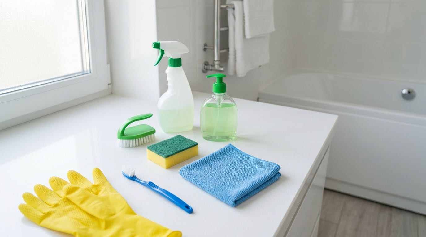 Organized bathroom cleaning supplies on white shelf: spray bottles, brushes, microfiber cloths, rubber gloves, all neatly arranged