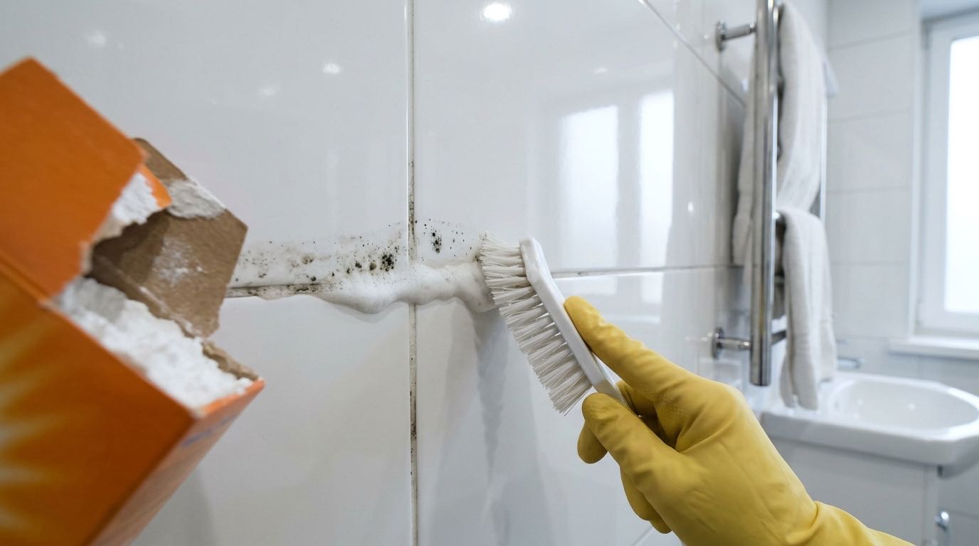 Close-up of someone cleaning tile grout with a brush, white foam on grout lines, dramatic cleaning effect visible, bathroom tiles background