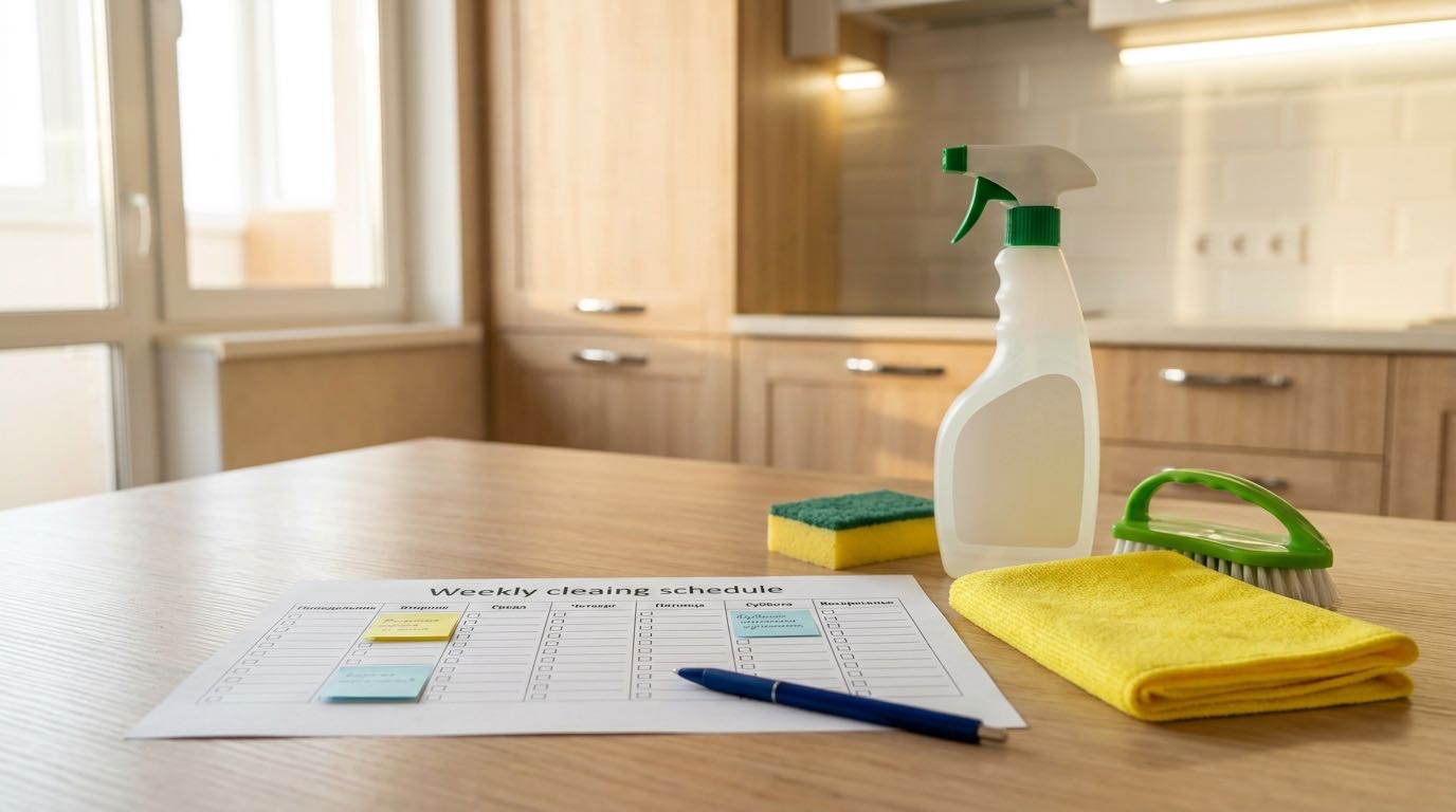 Evening preparation scene: cleaning supplies laid out on kitchen counter, checklist on phone, ready for next day cleaning marathon, warm lighting