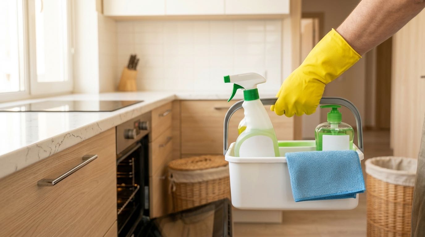 Cleaning caddy with organized supplies being carried by a person, spray bottles, microfiber cloths, gloves neatly arranged, modern apartment hallway background