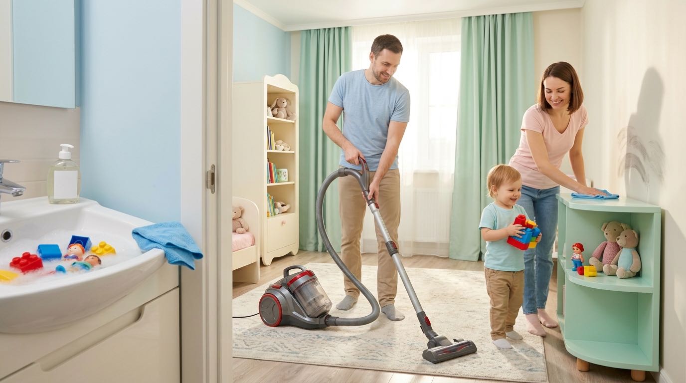 Happy family cleaning together in living room, mother wiping surfaces, father vacuuming, child carrying toys to shelf, bright cheerful atmosphere