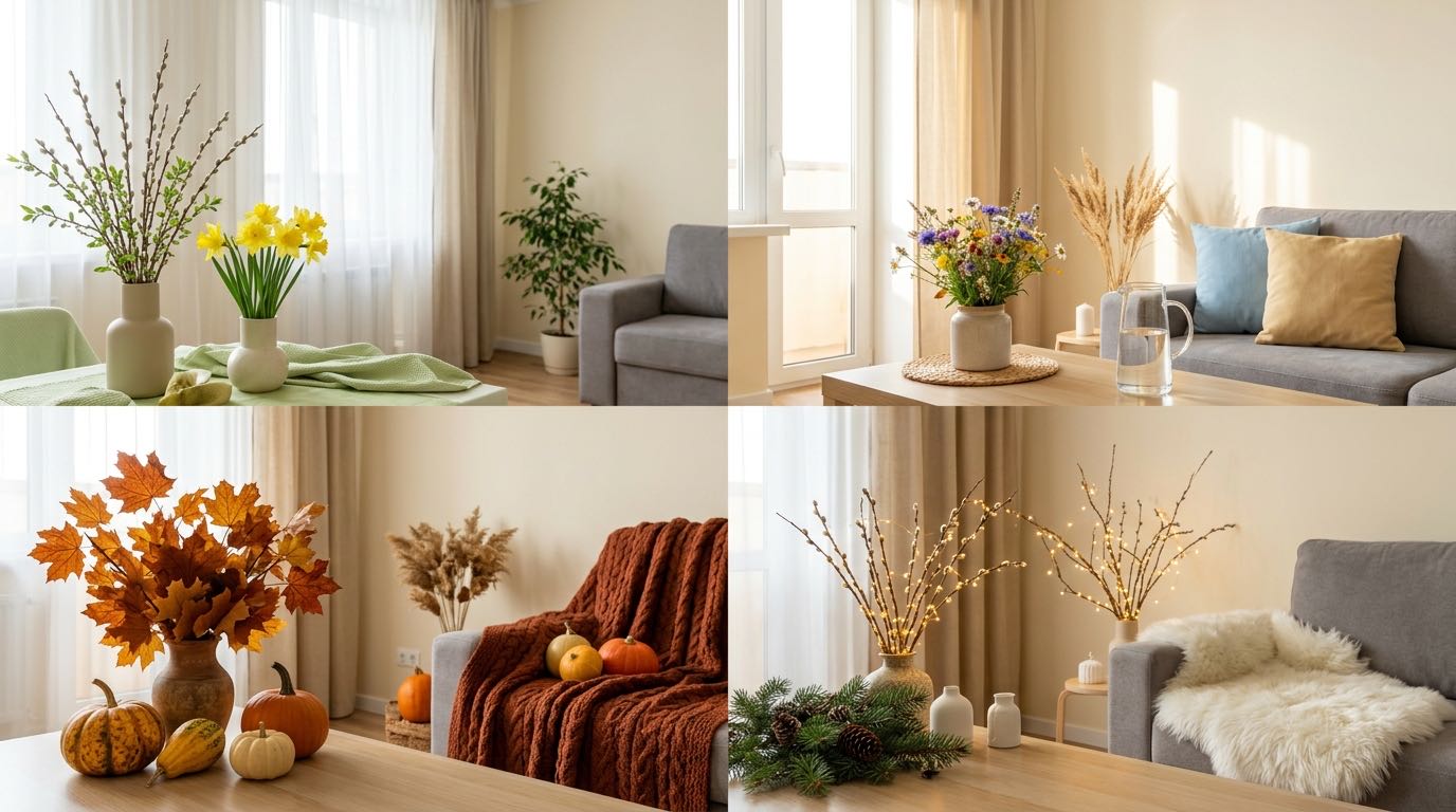Clean modern apartment living room with seasonal decorations showing four seasons concept, split into quarters, bright and organized space