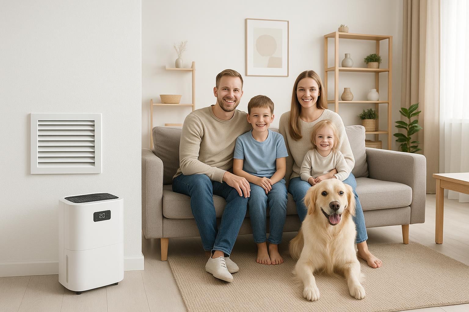 Family with children and a golden retriever dog in a clean bright apartment, everyone happy, modern Scandinavian interior style