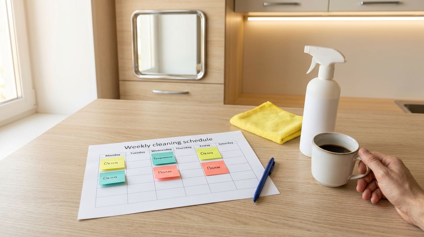 Clean organized planner or journal with cleaning schedule written in, pen nearby, on a tidy desk with a cup of coffee, minimalist style